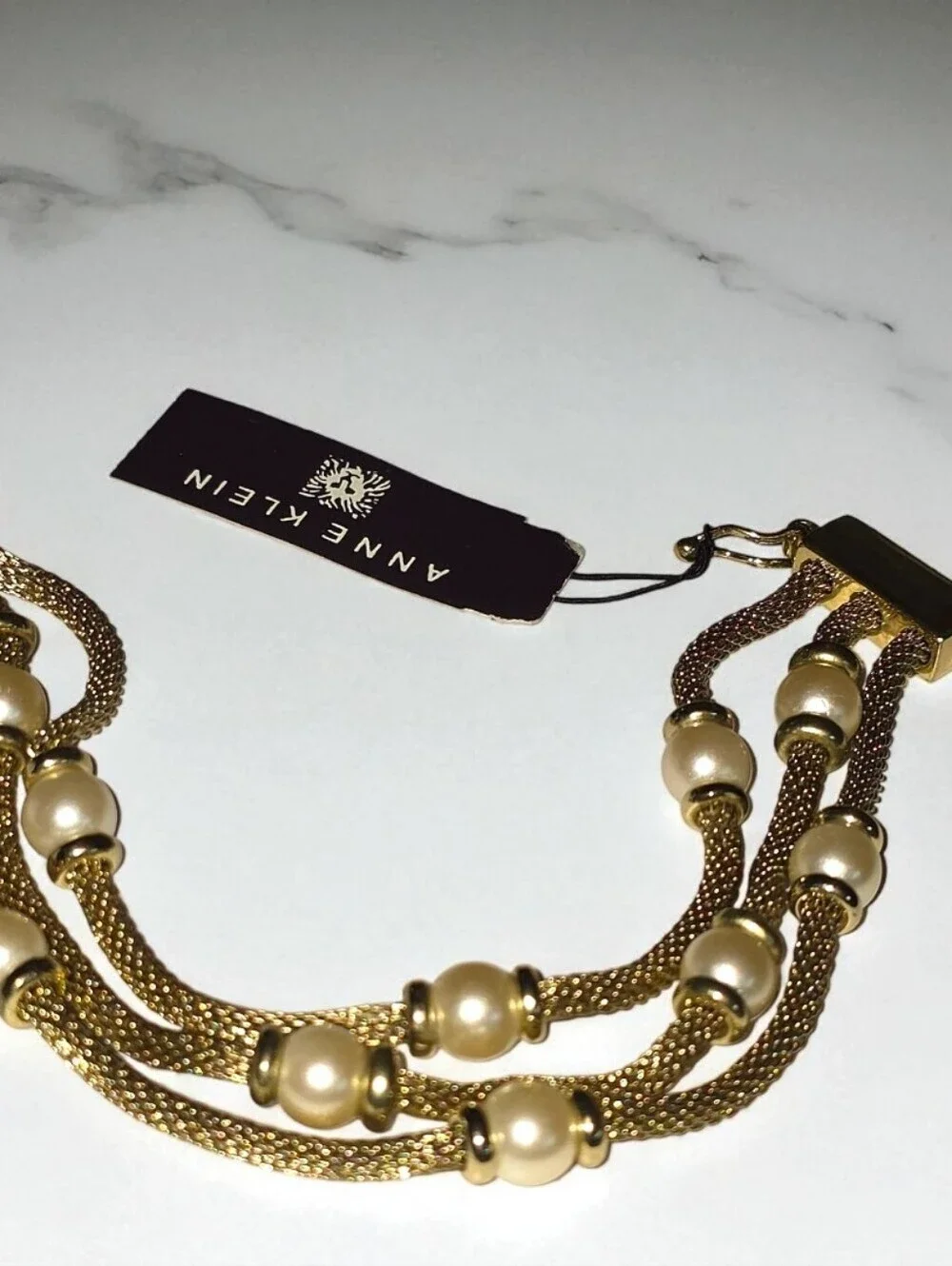 Anne Klein Vtg Gold Multi Strand Faux Pearl Bracelet Magnetic Clasp NWT Elegant
